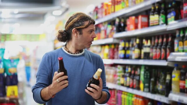 Adult man buyer chooses beer in bottle in grocery store