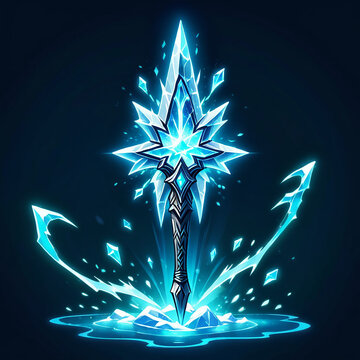 Glowing blue crystal spear piercing frozen surface, radiating icy magical energy; dark fantasy art.