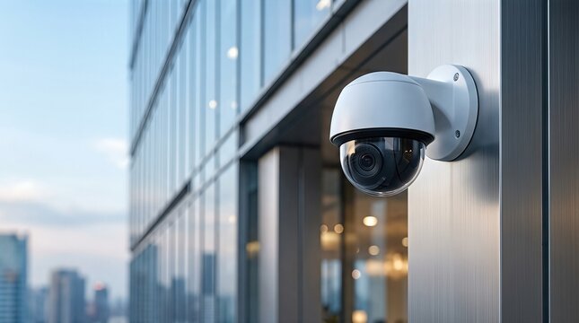 CCTV security camera mounted on a modern building exterior, capturing urban landscape with glass facade and city skyline in the background during twilight hours