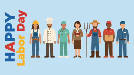 Fototapeta premium Flat vector illustration featuring diverse professionals like a chef, doctor, and farmer with Happy Labor Day text on a light blue background.