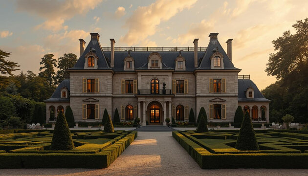 Grand French Chateau at Sunset, Generative AI