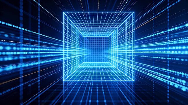 Blue glowing cubic grid structure with flowing digital data lines in abstract cyberspace
