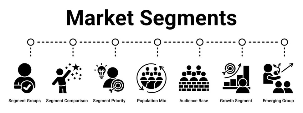 Market Segments web banner icon vector illustration concept for business with icon of Segment Groups, Segment Comparison, Segment Priority, Population Mix, Audience Base, Growth Segment, Emerging.