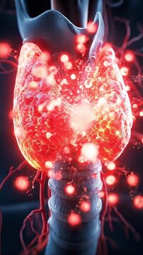 Thyroid hormone imbalance endocrine gland inflammation medical anatomy neck trachea illustration, hyperthyroidism clinical view of swollen thyroid gland around larynx showing red inflamed tissue