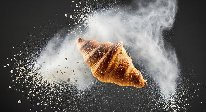 Delicious golden croissant exploding with flour against a dark background, captured in a dynamic freeze-frame moment