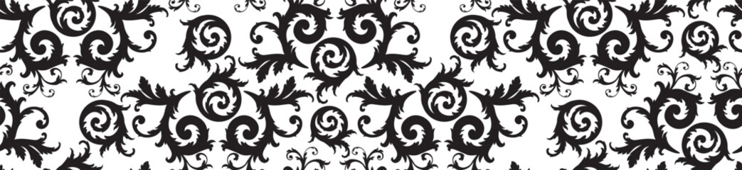 Sophisticated black and white seamless pattern with elegant floral swirls and scrolls. Perfect for minimalist design, monochrome printing, or versatile decorative applications. © AnnaPa