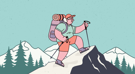 Elderly woman with hikes with a backpack and poles, set against a backdrop of snow capped mountains and pine trees. Hiker stands triumphantly on a mountain peak. Senior vacation concept. © AnnaPa