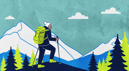 Elderly woman with hikes with a backpack and poles, set against a backdrop of snow capped mountains and pine trees. Hiker stands triumphantly on a mountain peak. Senior vacation concept. © AnnaPa