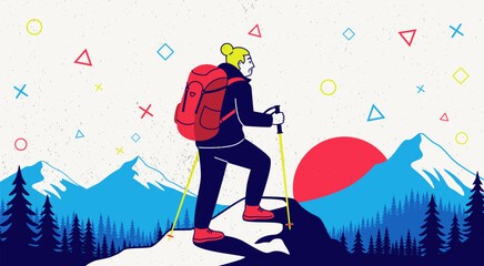 Elderly woman with hikes with a backpack and poles, set against a backdrop of snow capped mountains and pine trees. Hiker stands triumphantly on a mountain peak. Senior vacation concept. © AnnaPa