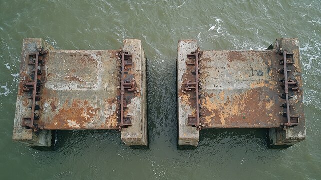 Historic bascule bridge counterweights aerial view weathered concrete blocks twin structures harbor water engineering heritage industrial architecture