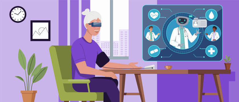 Illustration of an elderly woman wearing VR glasses during a telemedicine session. Futuristic medical interface with robot doctor and health icons represents modern digital healthcare technology.