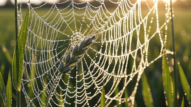 Close-up of glistening spiderweb and green wheat ear covered in morning dew drops in a field
