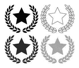 Award-winning star laurel wreath vector icon set, classic achievement and success symbols, black and white graphic elements for recognition and victory designs © Nasira's studio