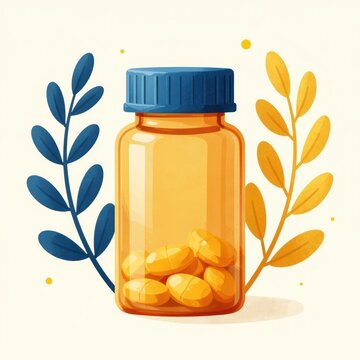 Amber Pill Bottle with Yellow Tablets and Leafy Accents