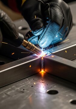 Professional welder joining square metal tubes with welding torch and bright sparks