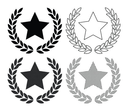 Award-winning star laurel wreath vector icon set, classic achievement and success symbols, black and white graphic elements for recognition and victory designs