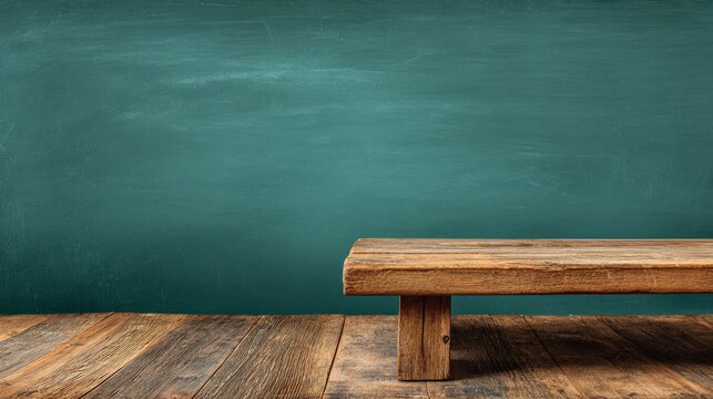 Green classroom chalkboard background with wooden table surface and empty copy space, back to school education concept with clean blank board for text, minimal academic setting and learning environmen