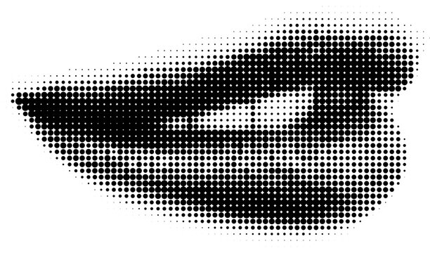 Bold black and white halftone illustration of smiling lips showing upper teeth, rendered with precise dot patterns. Ideal for graphic design, pop art, or cosmetic branding visuals.