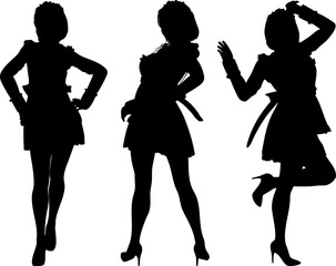 Bold black silhouette of a woman in a maid dress stands confidently against an isolated background. Perfect for domestic, empowerment, or dynamic pose design projects. © AnnaPa