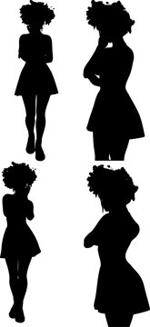Bold black silhouette of a woman with decoration on hair, wearing a flared dress and posing. Ideal for empowerment, fashion, or elegant design projects.