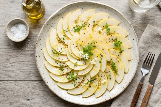 Elegant Korean Melon (Chamoe) Salad with Fresh Herbs, Olive Oil and Black Pepper Artfully Arranged on a Ceramic Plate