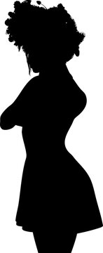 Bold black silhouette of a woman with decoration on hair, wearing a flared dress and posing. Ideal for empowerment, fashion, or elegant design projects.