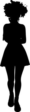 Bold black silhouette of a woman with decoration on hair, wearing a flared dress and posing. Ideal for empowerment, fashion, or elegant design projects.