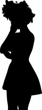 Bold black silhouette of a woman with decoration on hair, wearing a flared dress and posing. Ideal for empowerment, fashion, or elegant design projects.