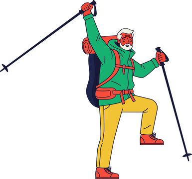 Illustration of a hiker in jacket and pants with huge backpack, celebrating success with raised arms and trekking poles. Ideal for achievement, adventure, or motivational themes and senior vacation.
