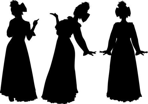 Black silhouette shows a woman in a long, flowing gown in vintage style, tall hair wig with big bow, captured against isolated background. Ideal for theatrical, elegant, or dramatic design projects.
