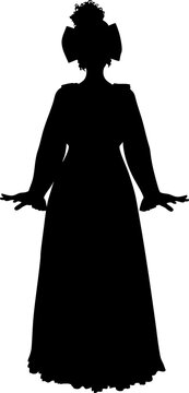 Black silhouette shows a woman in a long, flowing gown in vintage style, tall hair wig with big bow, captured against isolated background. Ideal for theatrical, elegant, or dramatic design projects.