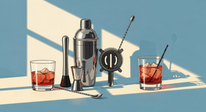 Cocktail making tools and drinks barware set with shaker jigger strainer and glasses for professional bartending and home bar
