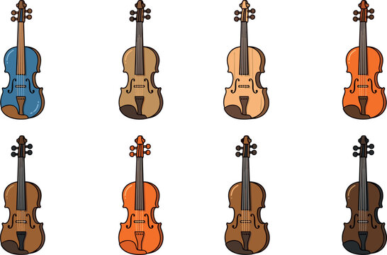 Violin collection with different colors classical string musical instrument vector illustration.