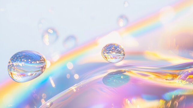 Wave diffraction colors through suspended water droplets creating laser interference patterns with rainbow spectrum light refraction and prismatic optical effects