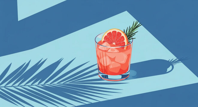 Refreshing grapefruit cocktail with rosemary garnish cast in dramatic shadow perfect for summer drinks and beverage advertising