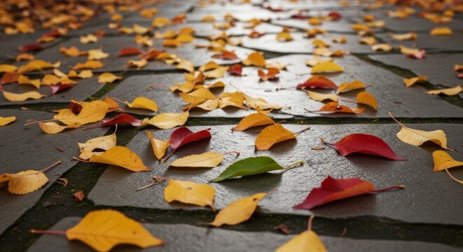 Autumn Leaves Scattered on a Stone Path