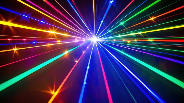Laser interference effects vibrant multicolor beams radiating from bright central point creating spectacular starburst pattern with rainbow spectrum light dispersion