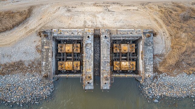 Vintage American bascule bridge counterweights aerial drone view showing dual concrete blocks steel framework machinery natural shoreline setting