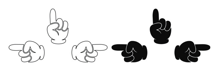 Fototapeta premium Cartoon Hand Pointers Vector Set, Black and White Directional Gestures, Up and Side Pointing Hands for UI/UX Design, Fun Communication Icons
