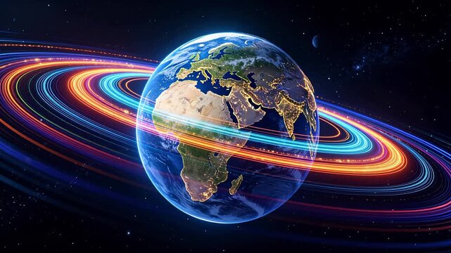Planet earth in space with colorful orbiting rings and moon