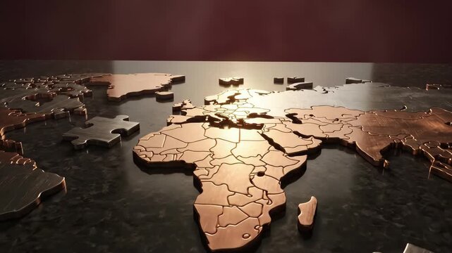 Supply chain disruption crisis risk shortage delay bottleneck failure difficulty economy metallic world map puzzle dark background global logistics concept urgent tone supply chain disruption crisis