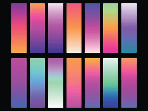 Vibrant vertical gradient palette set with colorful smooth transitions. Modern vector collection of soft mesh gradients for UI design, backgrounds, and creative digital art projects.