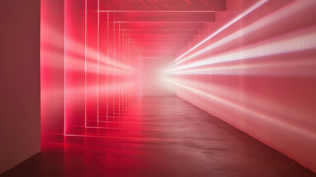 Laser interference effects in modern architectural corridor with red illumination geometric light patterns repeating frame structures creating depth and dimensional perspective