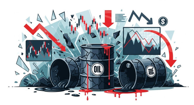Oil barrels with falling stock market charts and red arrows indicating decline.