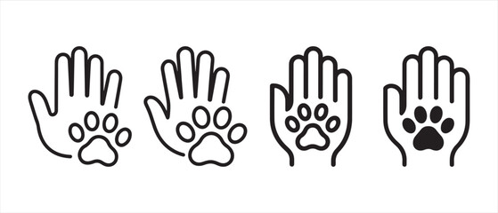 Fototapeta premium Human Hand and Animal Paw Print Icon Set. Vector Illustration for Veterinary and Pet Care Design.