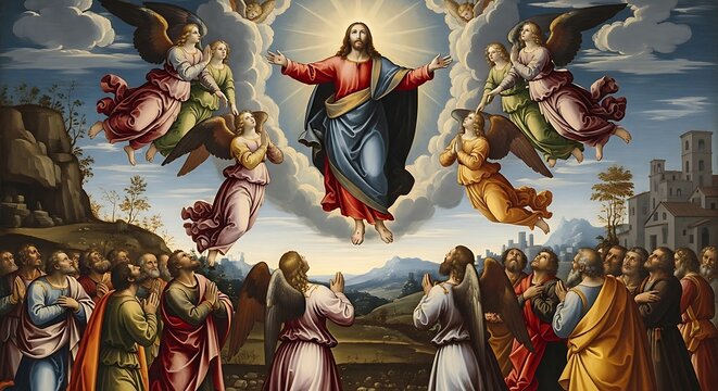 ascension of jesus christ surrounded by angels and apostles in heavenly light, renaissance style religious illustration.