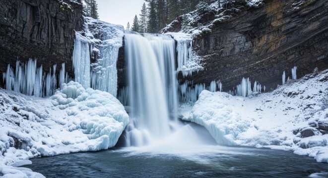 Frozen Waterfall Cascade in Winter Landscape