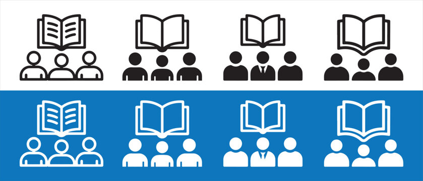 Education Group Icons. Open Book and People Figures Symbolizing Learning, Training, and Knowledge Sharing Concepts.