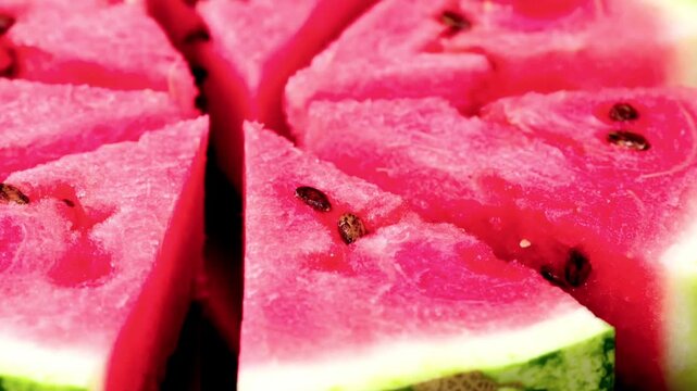 Fresh slices of ripe watermelon arranged in a circle rotating slowly