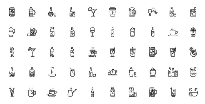 Beverages icon set. Drink vector pack. Minimalist line icons. Features coffee, tea, wine, beer, cocktail, juice, milk, soda, sake, champagne, whiskey, vodka, mojito, margarita and more.